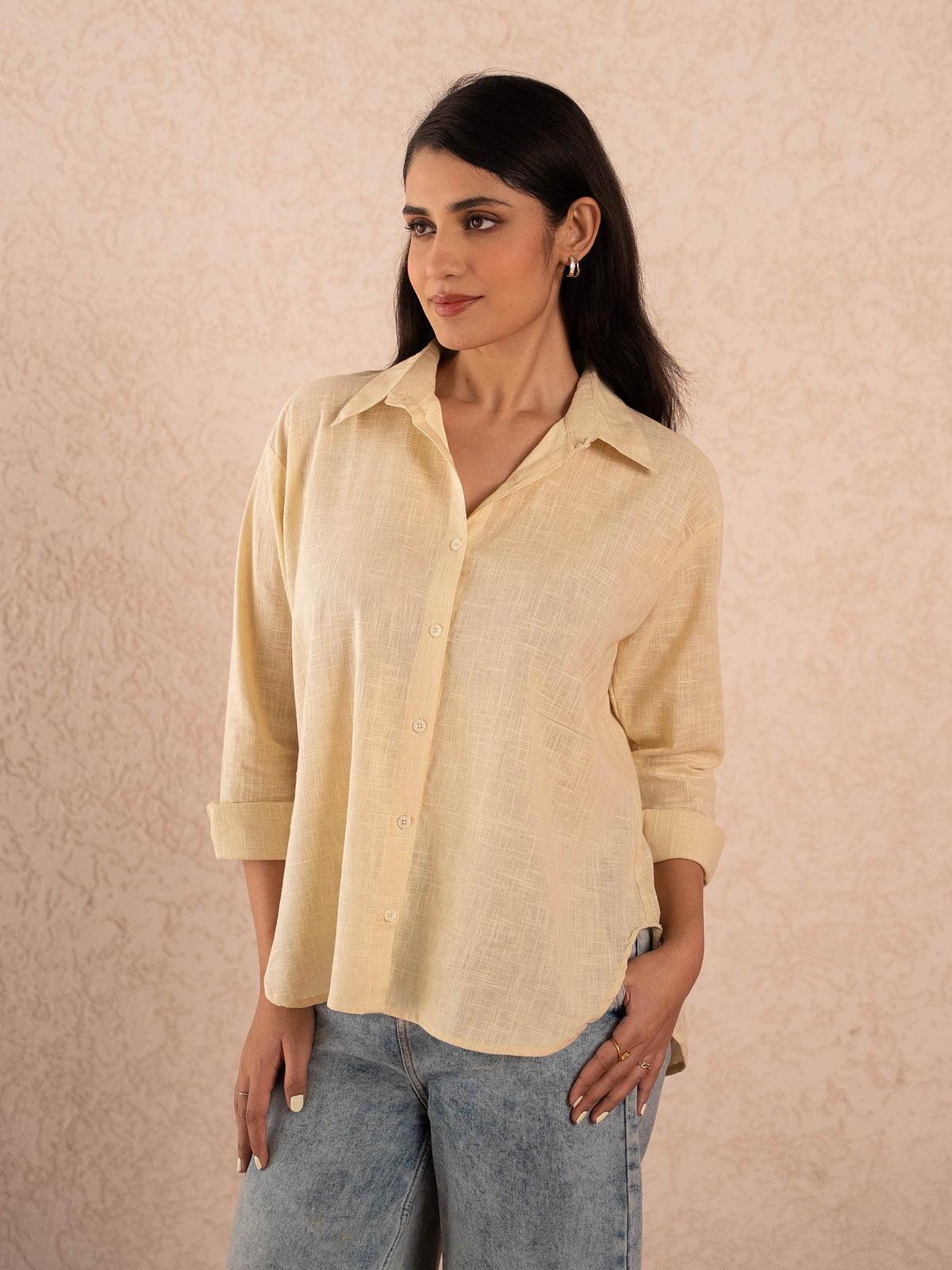 Pastel Yellow Textured Relaxed Cotton Shirt