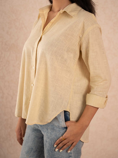 Pastel Yellow Textured Relaxed Cotton Shirt