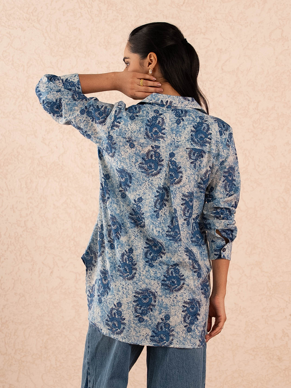 Indigo Blue Floral Print Relaxed Cotton Shirt