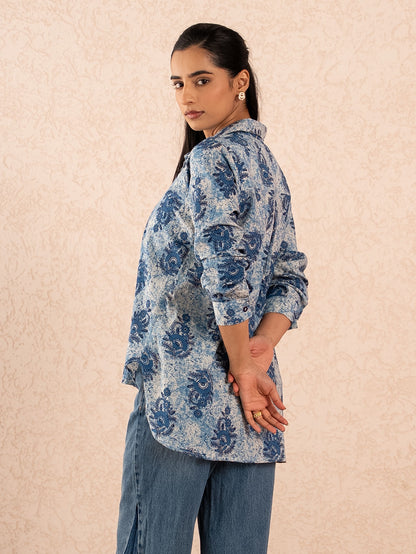 Indigo Blue Floral Print Relaxed Cotton Shirt