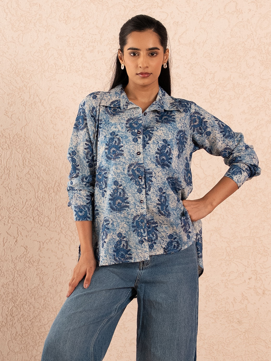 Indigo Blue Floral Print Relaxed Cotton Shirt