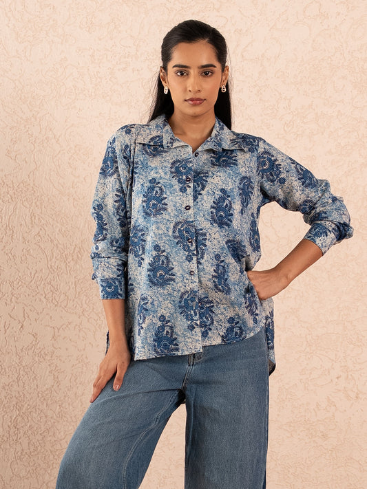 Indigo Blue Floral Print Relaxed Cotton Shirt