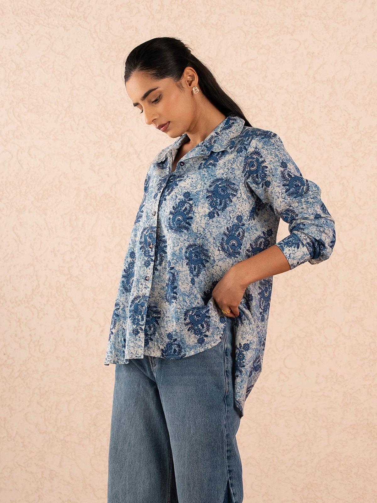 Indigo Blue Floral Print Relaxed Cotton Shirt