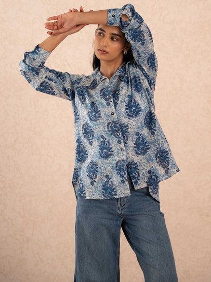 Indigo Blue Floral Print Relaxed Cotton Shirt