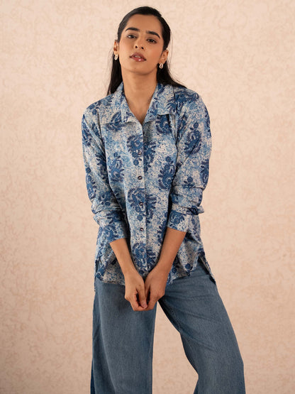 Indigo Blue Floral Print Relaxed Cotton Shirt