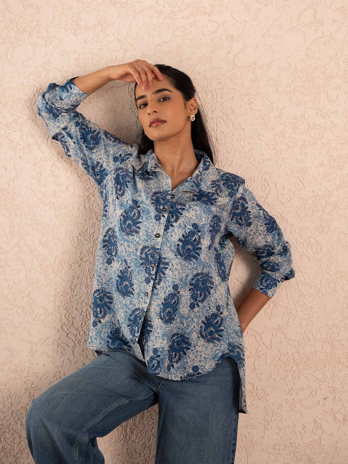 Indigo Blue Floral Print Relaxed Cotton Shirt