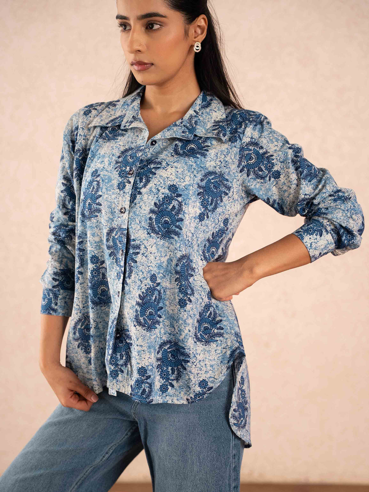 Indigo Blue Floral Print Relaxed Cotton Shirt