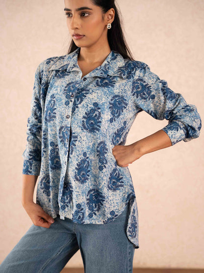 Indigo Blue Floral Print Relaxed Cotton Shirt