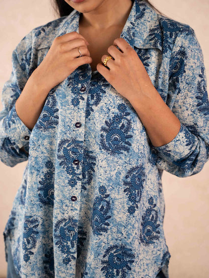 Indigo Blue Floral Print Relaxed Cotton Shirt