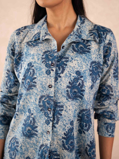 Indigo Blue Floral Print Relaxed Cotton Shirt