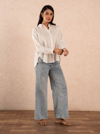 White Textured Relaxed Cotton Shirt