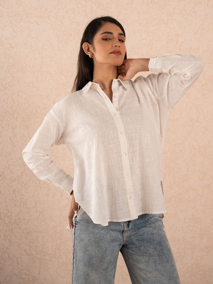 White Textured Relaxed Cotton Shirt