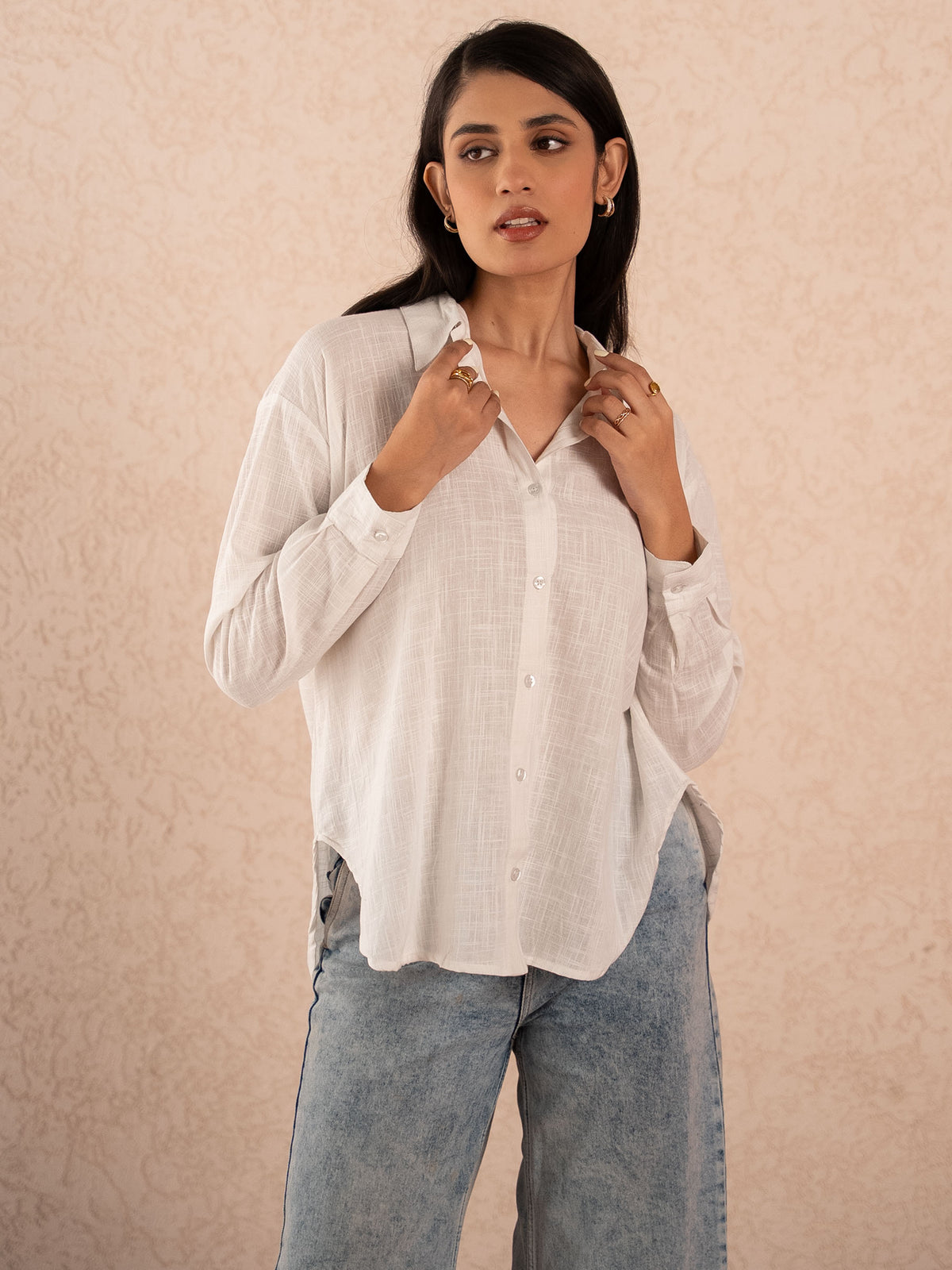 White Textured Relaxed Cotton Shirt
