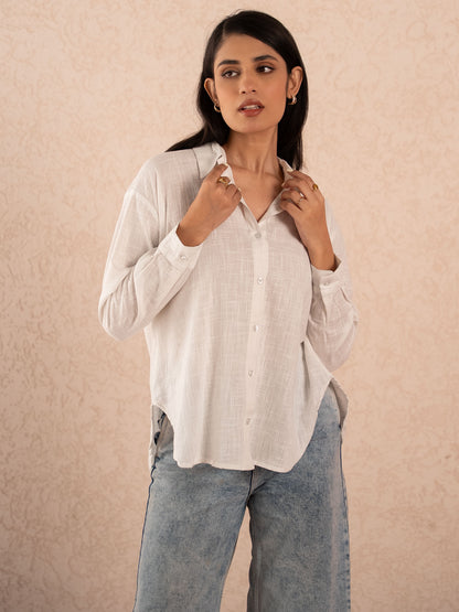 White Textured Relaxed Cotton Shirt