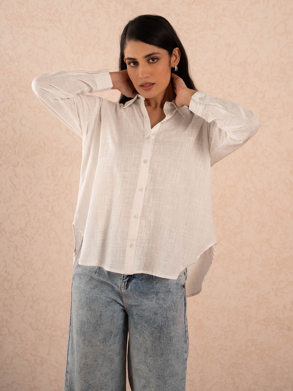 White Textured Relaxed Cotton Shirt