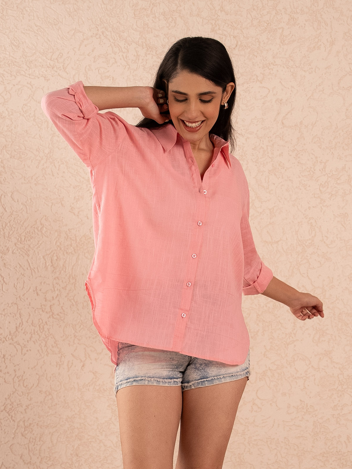 Pink Textured Relaxed Cotton Shirt