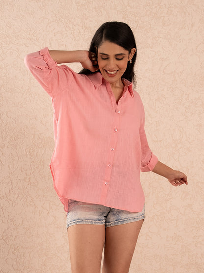 Pink Textured Relaxed Cotton Shirt