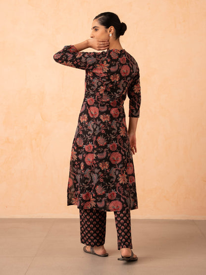 Black Floral Print Kurta with Pants Set