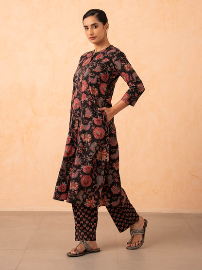 Black Floral Print Kurta with Pants Set