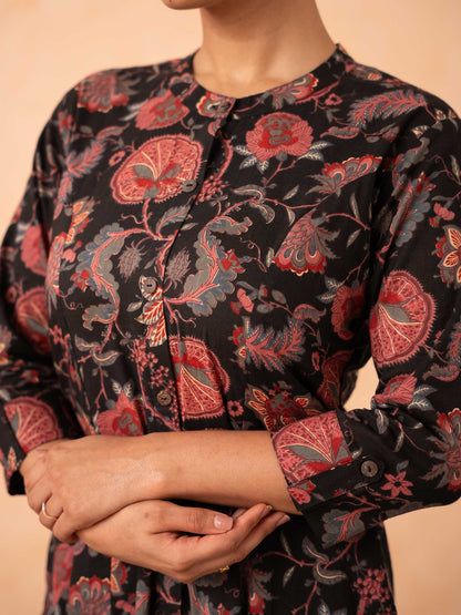 Black Floral Print Kurta with Pants Set