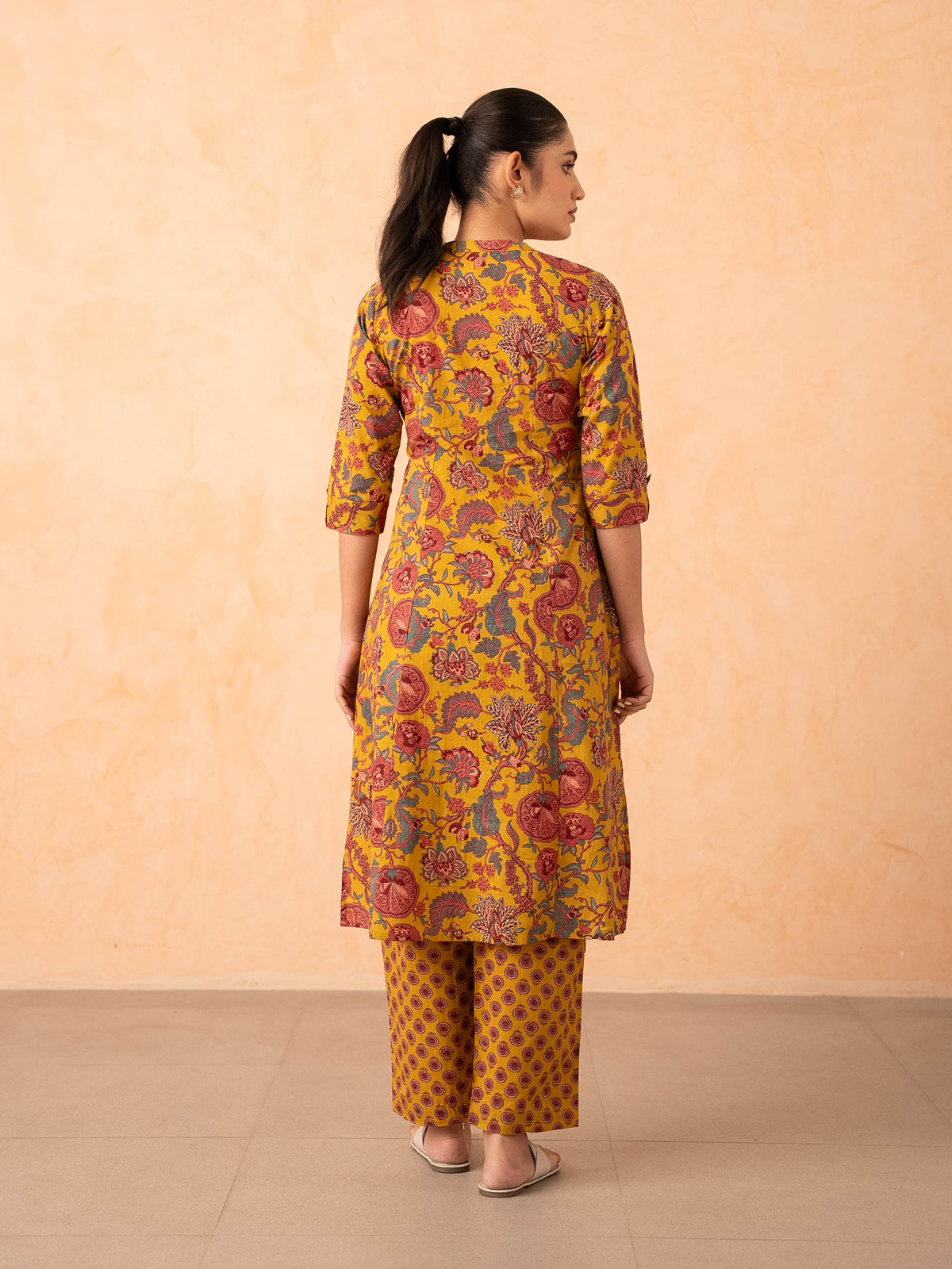 Mustard Yellow Floral Print Cotton Kurta with Pants