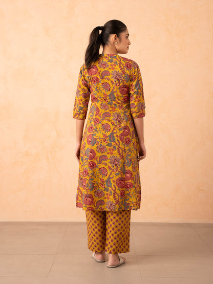 Mustard Yellow Floral Print Cotton Kurta with Pants