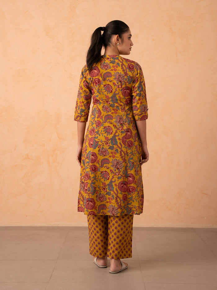 Mustard Yellow Floral Print Cotton Kurta with Pants
