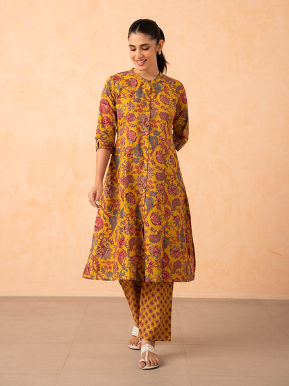 Mustard Yellow Floral Print Cotton Kurta with Pants