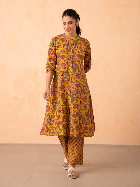 Mustard Yellow Floral Print Cotton Kurta with Pants