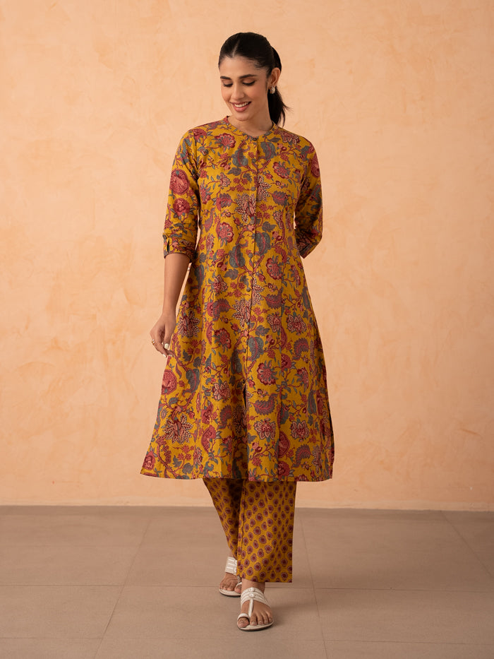 Mustard Yellow Floral Print Cotton Kurta with Pants