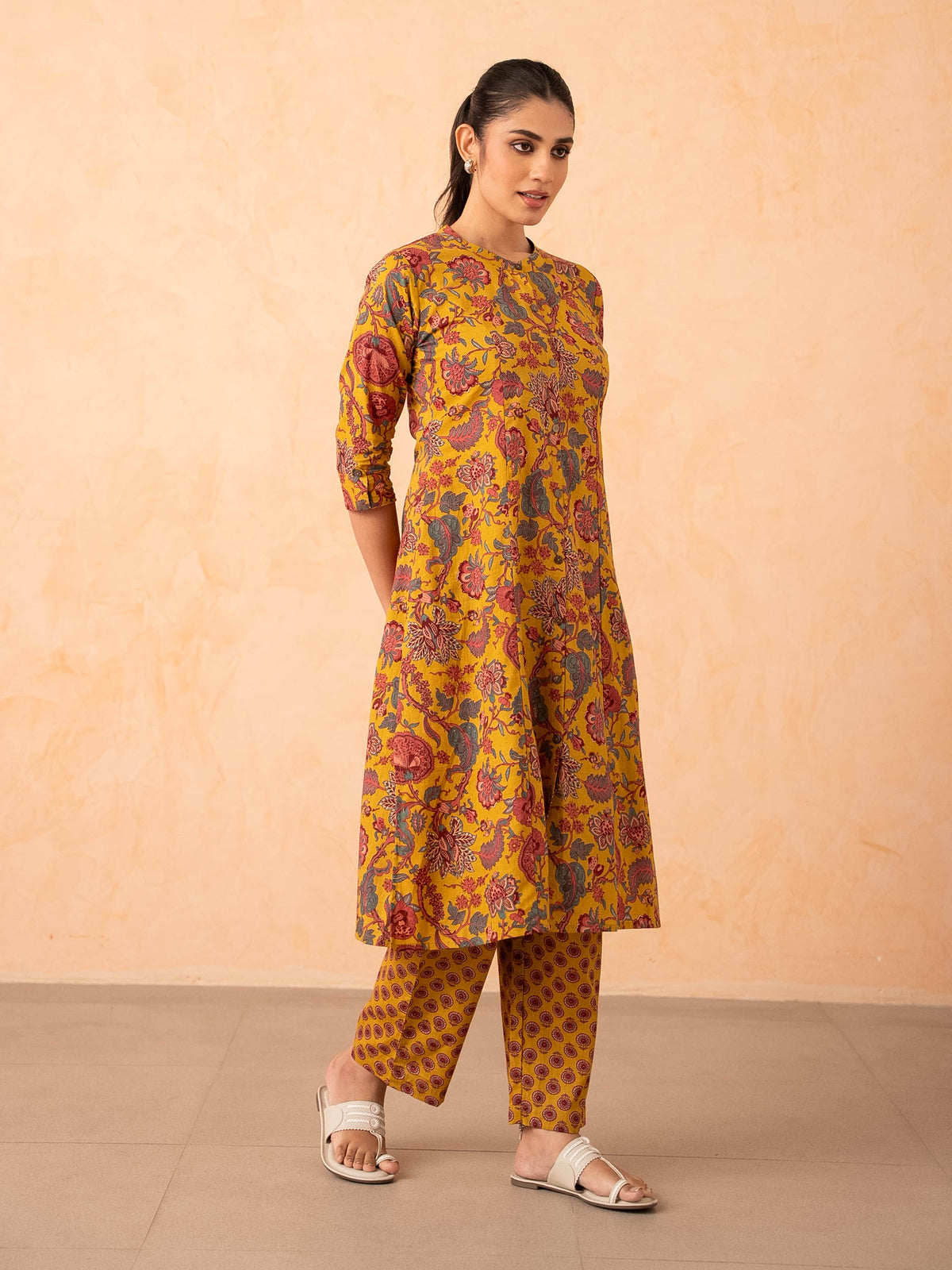 Mustard Yellow Floral Print Cotton Kurta with Pants