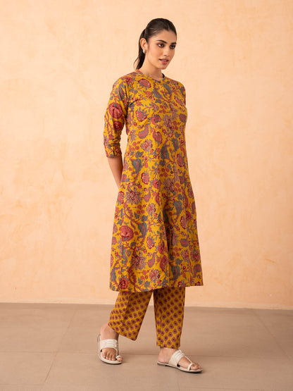Mustard Yellow Floral Print Cotton Kurta with Pants