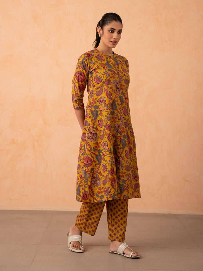 Mustard Yellow Floral Print Cotton Kurta with Pants