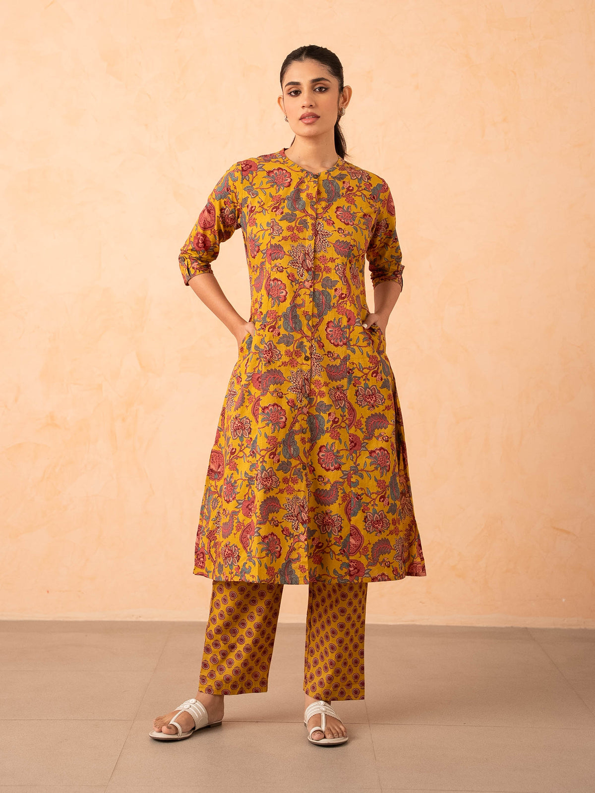 Mustard Yellow Floral Print Cotton Kurta with Pants