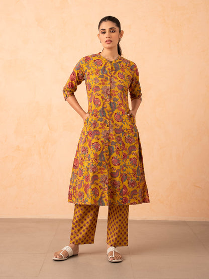 Mustard Yellow Floral Print Cotton Kurta with Pants