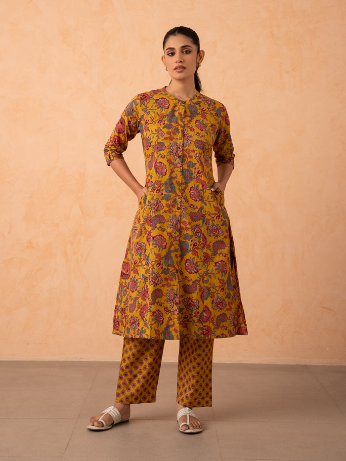 Mustard Yellow Floral Print Cotton Kurta with Pants
