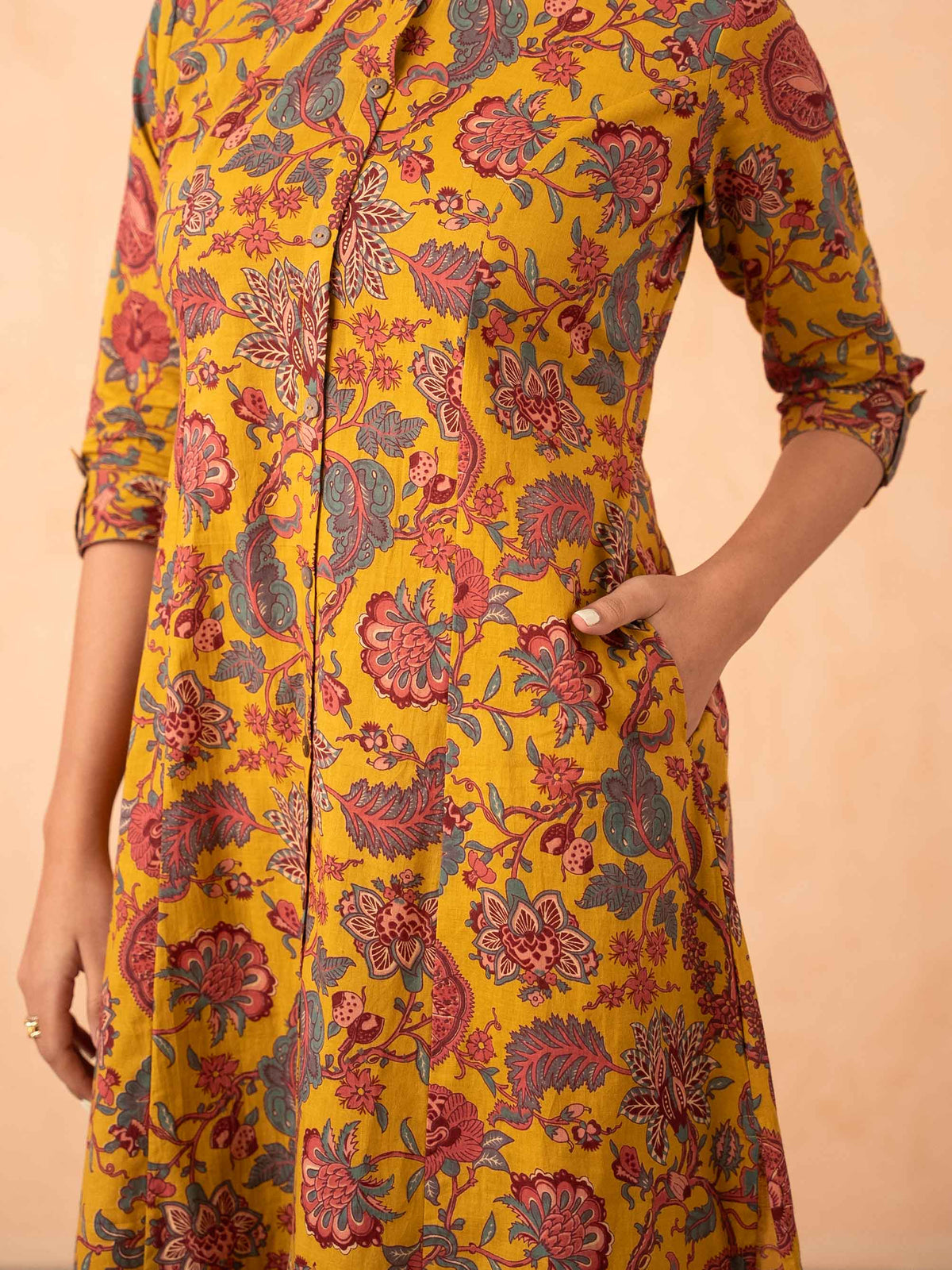 Mustard Yellow Floral Print Cotton Kurta with Pants
