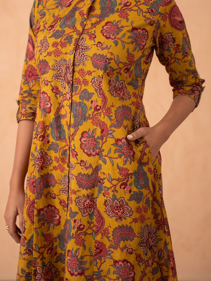 Mustard Yellow Floral Print Cotton Kurta with Pants