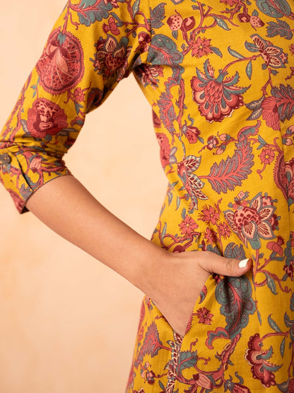 Mustard Yellow Floral Print Cotton Kurta with Pants