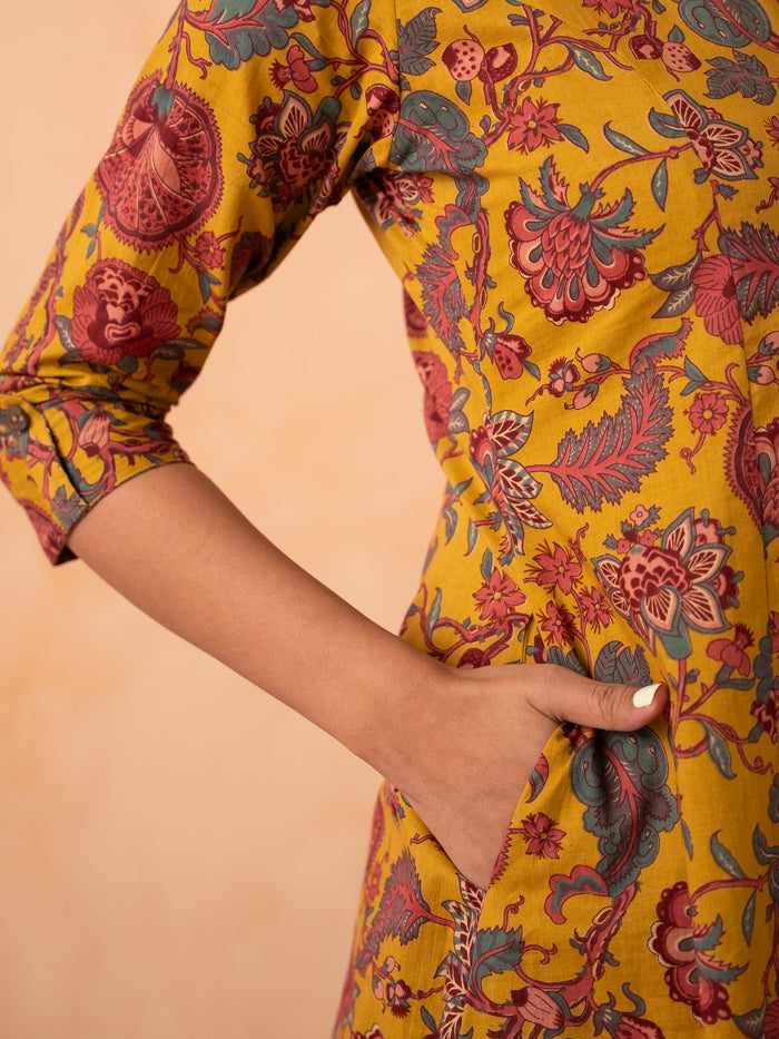 Mustard Yellow Floral Print Cotton Kurta with Pants