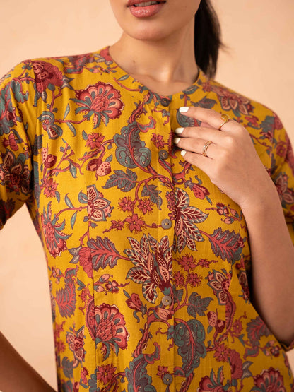Mustard Yellow Floral Print Cotton Kurta with Pants
