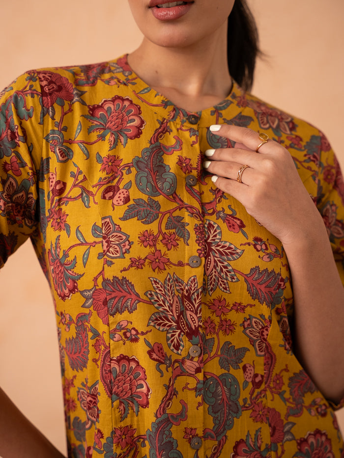 Mustard Yellow Floral Print Cotton Kurta with Pants