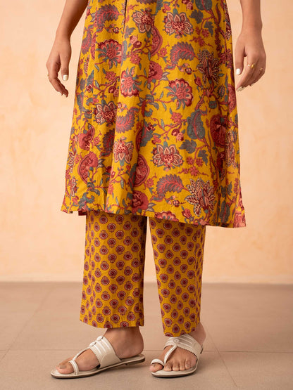 Mustard Yellow Floral Print Cotton Kurta with Pants