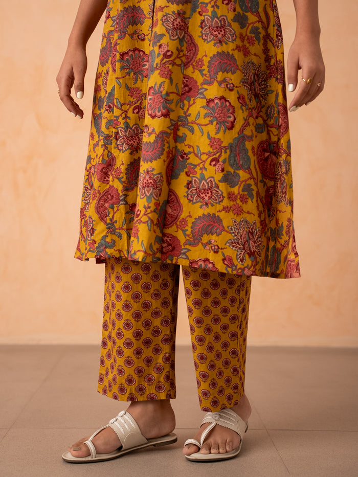 Mustard Yellow Floral Print Cotton Kurta with Pants