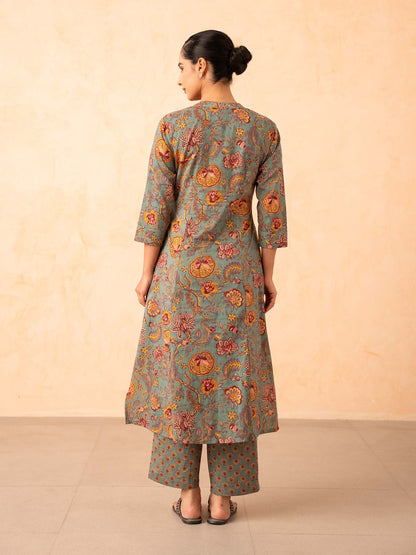 Sage Green Floral Print Kurta with Pants Set