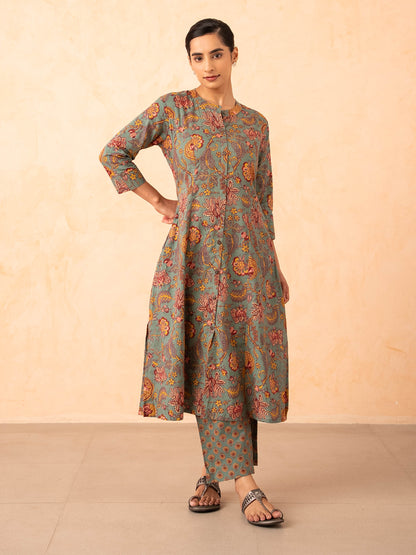 Sage Green Floral Print Kurta with Pants Set