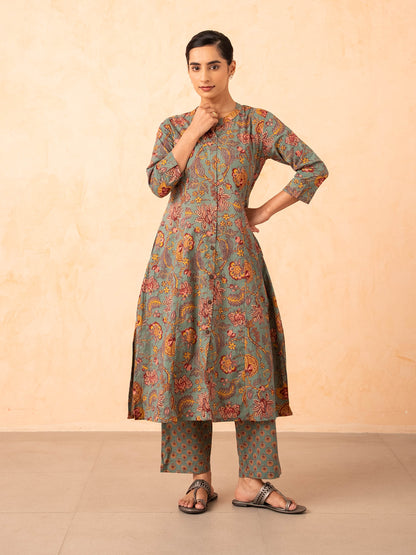 Sage Green Floral Print Kurta with Pants Set