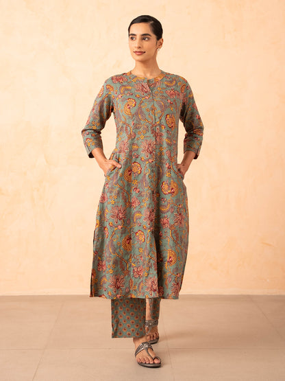 Sage Green Floral Print Kurta with Pants Set