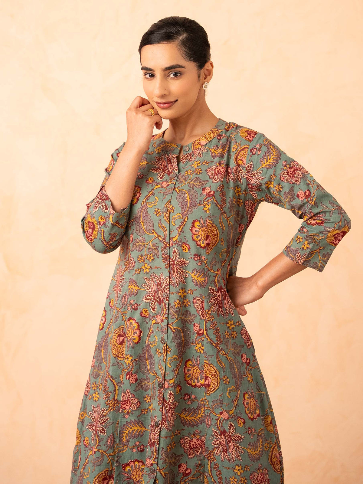 Sage Green Floral Print Kurta with Pants Set