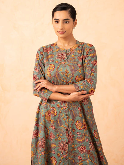 Sage Green Floral Print Kurta with Pants Set